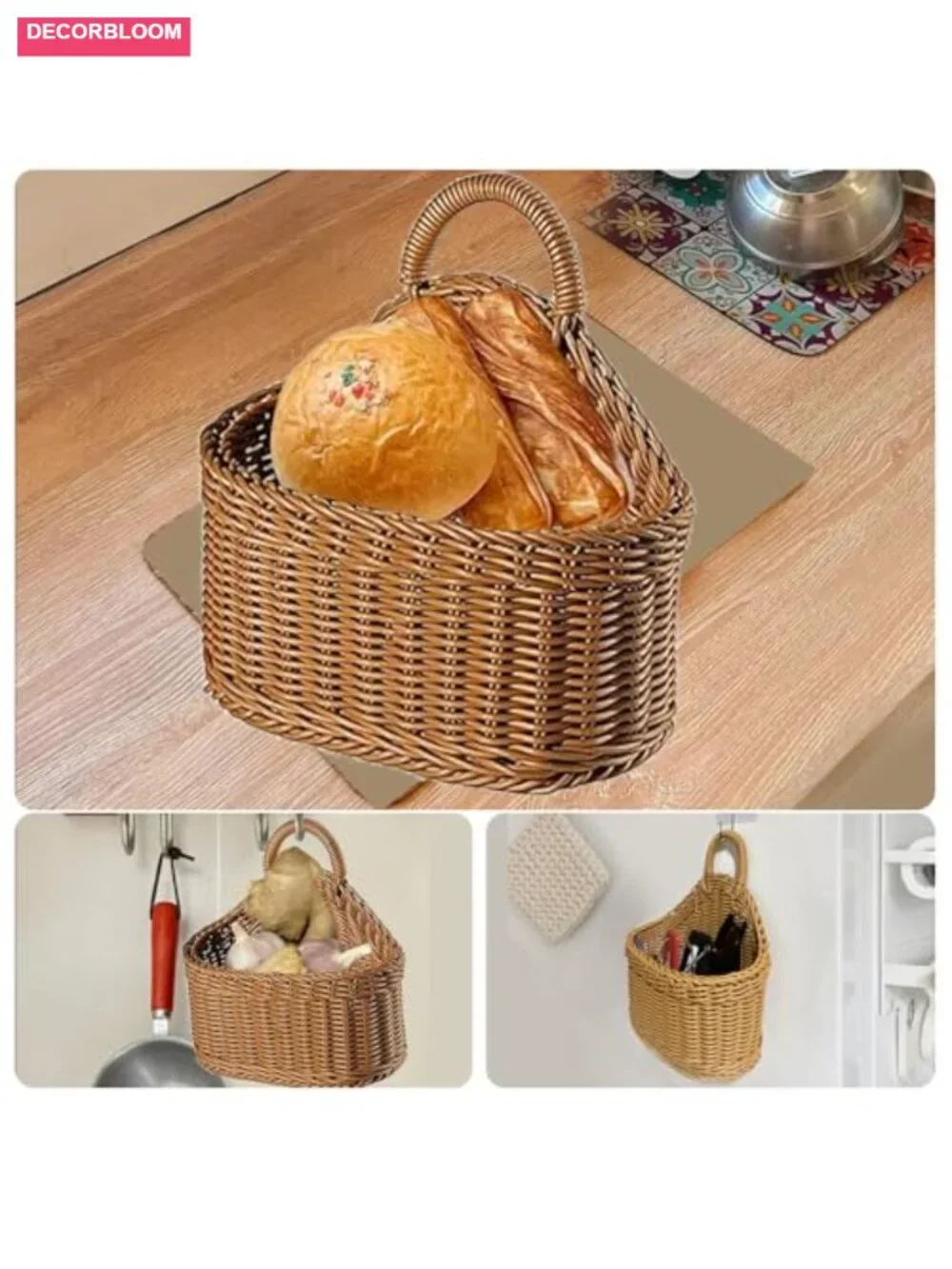 Japanese Rattan Style Hanging Storage Baskets 2-Pack Kitchen Organizer Garlic